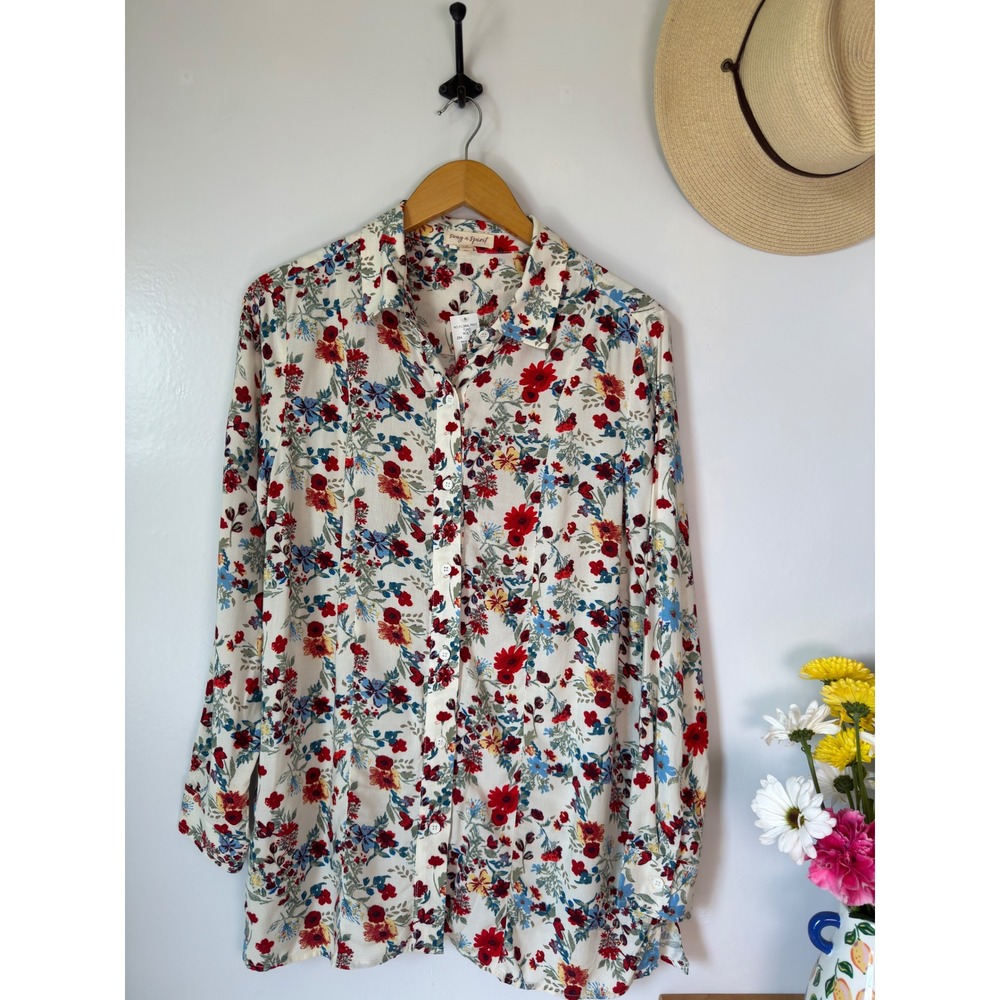 Song N Spirit Womens Small Ivory Red Blue Floral Button Front Rayon Blouse NWT